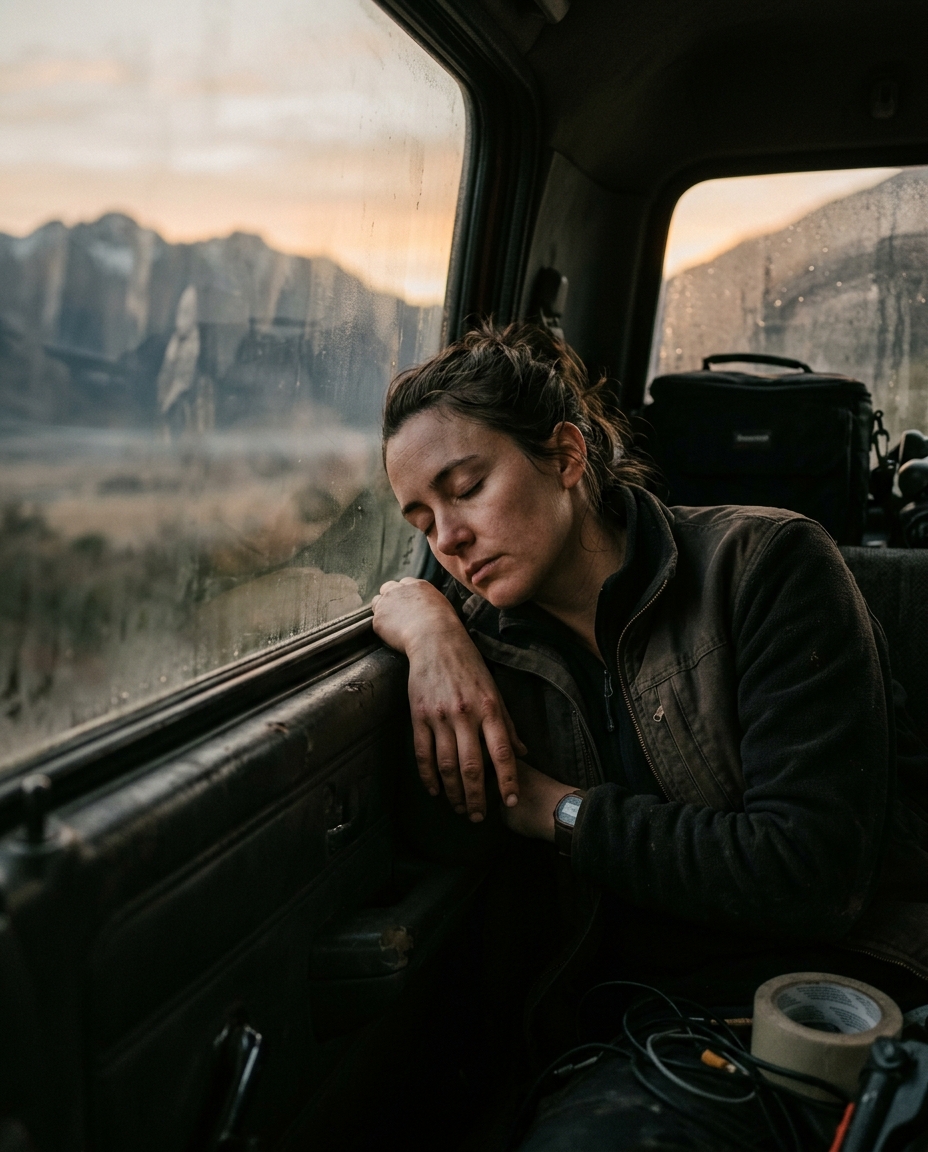 A cinematographer asleep against a truck window at dawn during a shoot