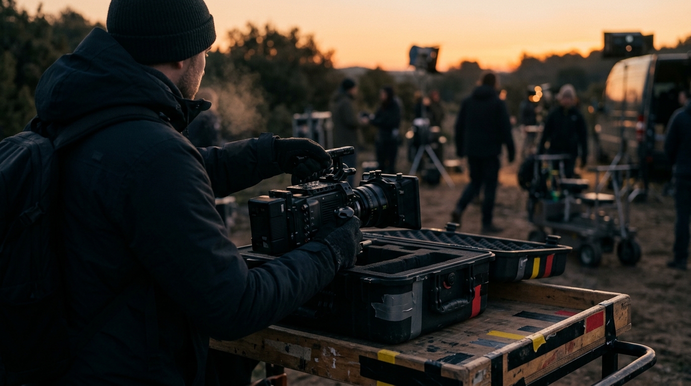 A cinematographer packing a cinema camera into a Pelican case at dawn on set
