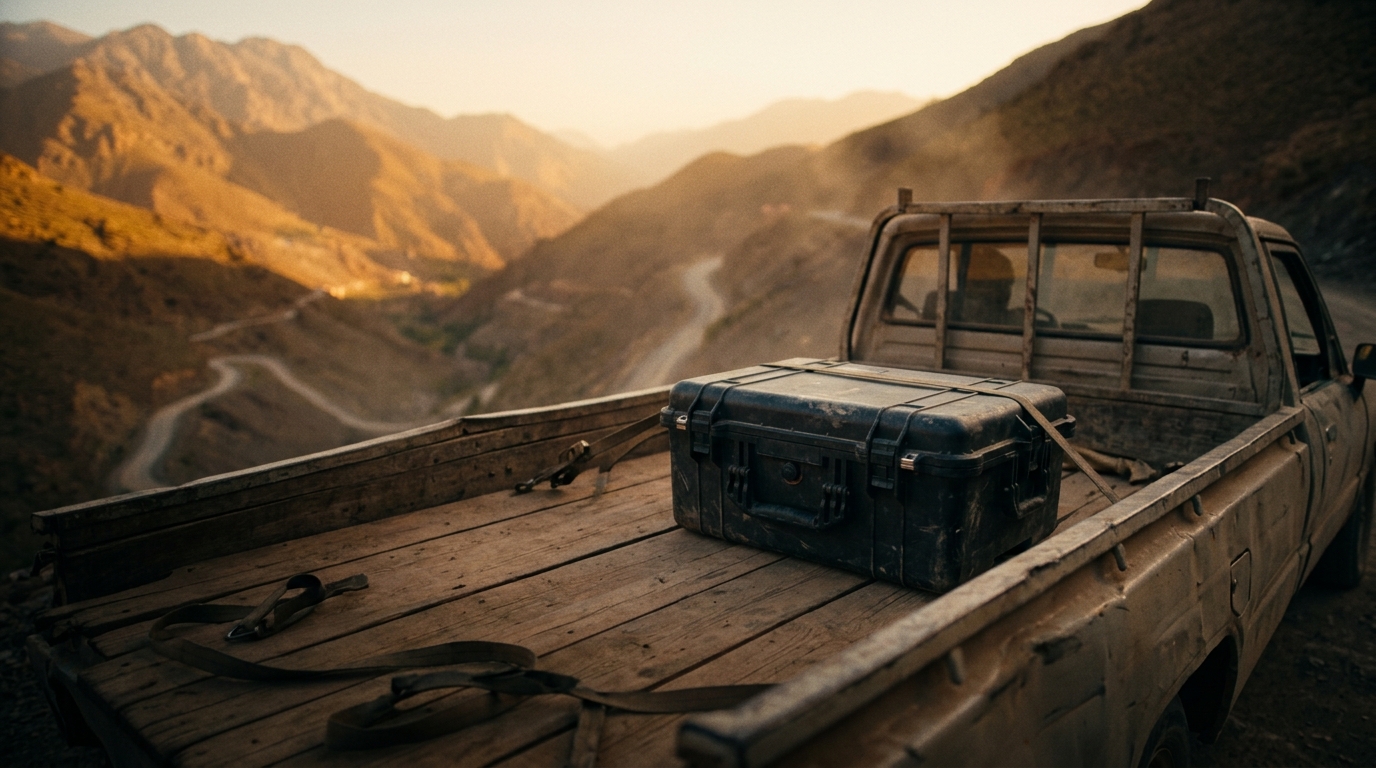 A Pelican 1510 case strapped to a truck on an Atlas Mountains road at first light
